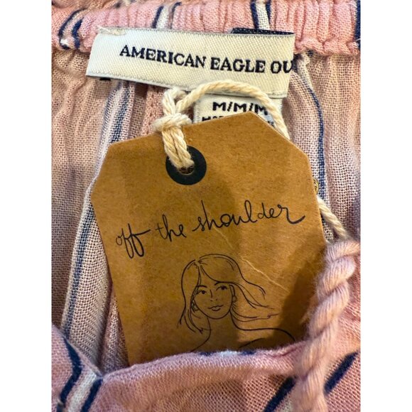 NWT American Eagle Off-The-Shoulder Pink Striped Blouse W/ Lace Details - M - Picture 6 of 11